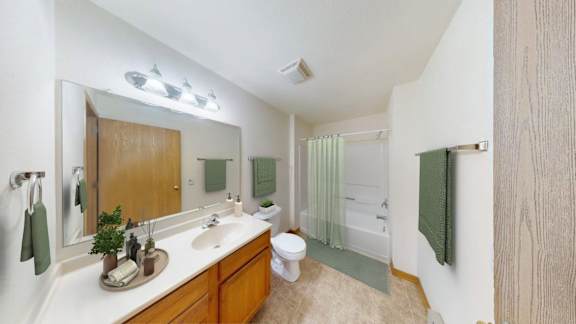 A bathroom with a sink, mirror, toilet, and shower.