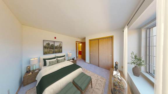 A bedroom with a bed, nightstands, and a window.