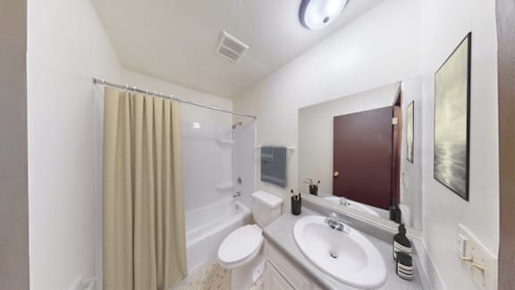 A bathroom with a toilet, sink, and shower.