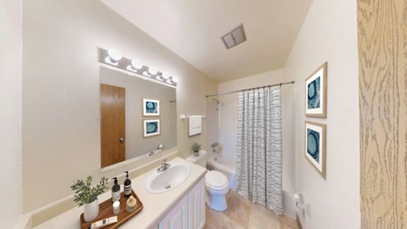 A bathroom with a sink, toilet, and shower.