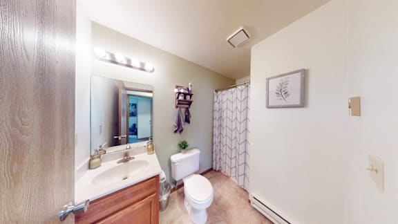 A bathroom with a toilet, sink, and mirror.