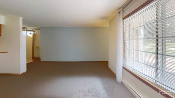 A room with a window covered by blinds and a grey carpet.