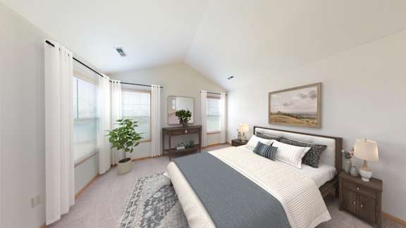 A bedroom with a large bed and a painting on the wall.