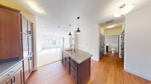 A kitchen with wooden cabinets and a countertop.