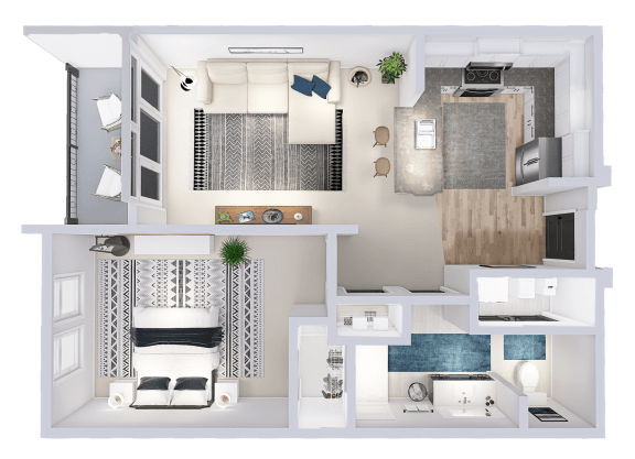 a floor plan of a two bedroom apartment with a bathroom and kitchen