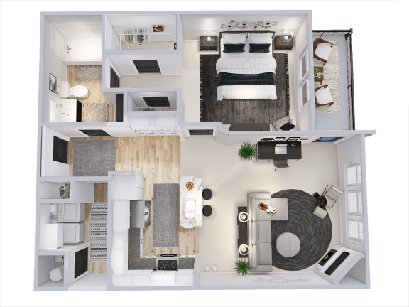 a bedroom with a bed and a chair in a room