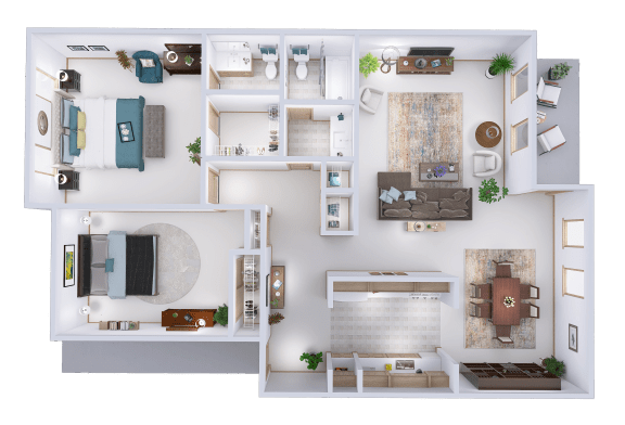 3d floor plan of a house with bedrooms and a living room