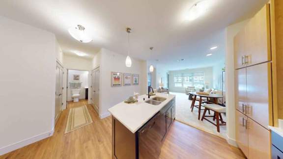 A kitchen with a white countertop and wooden floors.