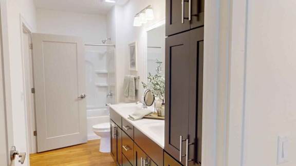 A bathroom with a white toilet and a sink with a mirror above it.