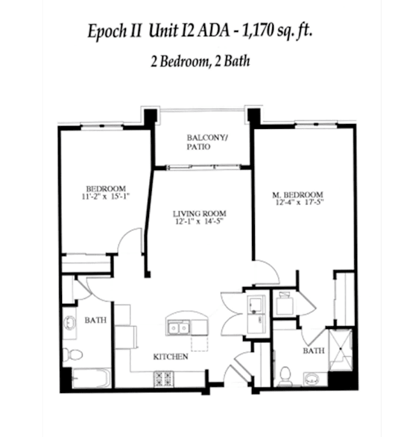 A floor plan of a 1,170 square foot apartment with two bedrooms and two bathrooms.