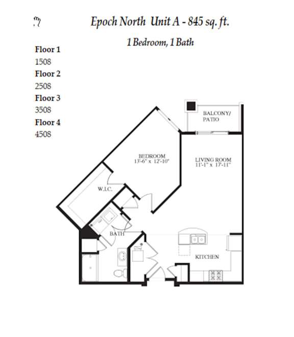 A drawing of a floor plan for a 845 square feet apartment with 4 floors and 2 bathrooms.