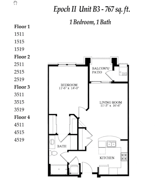A floor plan for a 767 square foot home with one bedroom and one bath.