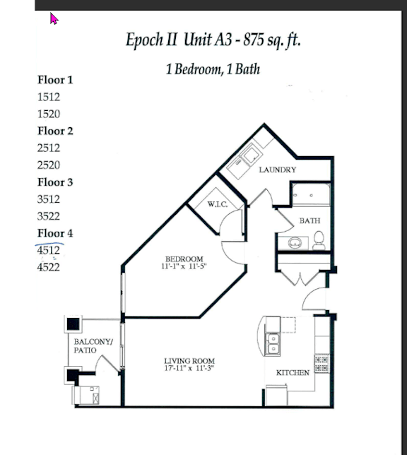A floor plan for a 1 bedroom, 1 bath apartment.