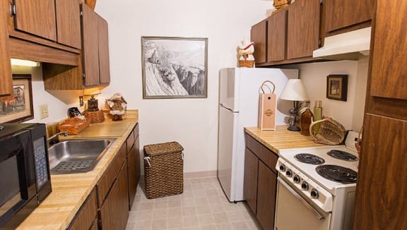 a kitchen with a stove refrigerator and a sink