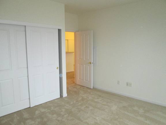 A room with a carpeted floor and two white doors.