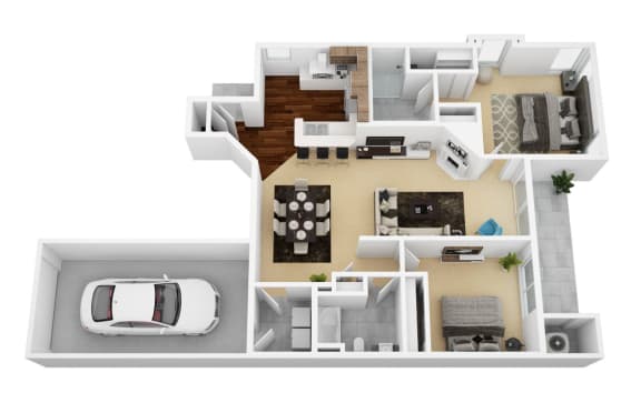 Floor Plan  a 3d rendering of a floor plan with a car and a balcony