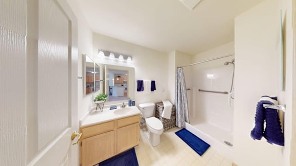 A bathroom with a toilet, sink, and shower.