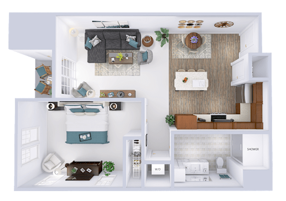 A top-down view of a small apartment with a bedroom, living room, and kitchen.
