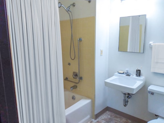 a bathroom with a shower and a sink and a shower curtain