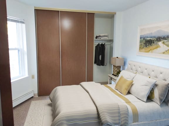 a bedroom with a bed and a closet