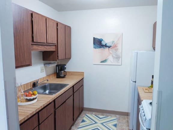 a kitchen with wooden cabinets and a sink and a refrigerator