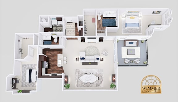 A floor plan of a home with a living room, kitchen, and two bedrooms.
