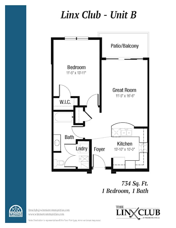 A floor plan for a unit at the Linx Club, showing a bedroom, bath, kitchen, and living room.