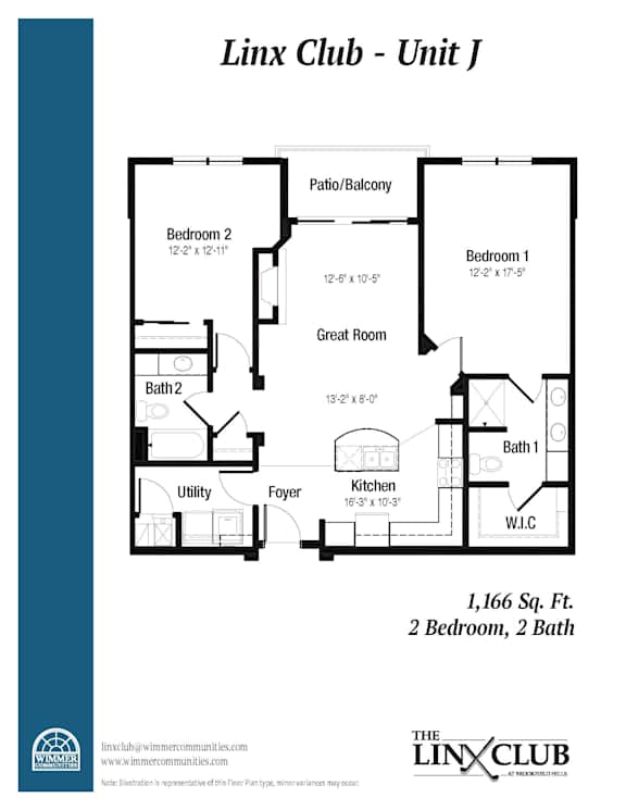 A floor plan for a unit in the Linx Club, showing two bedrooms, two bathrooms, a great room, a utility, a foyer, and a kitchen.