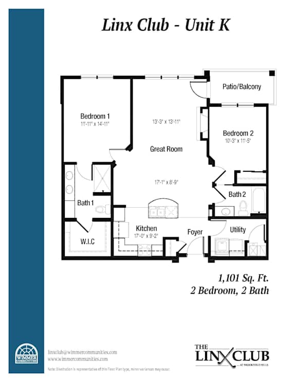 A floor plan for a unit at the Linx Club, showing a living room, two bedrooms, a bathroom, a kitchen, and a foyer.