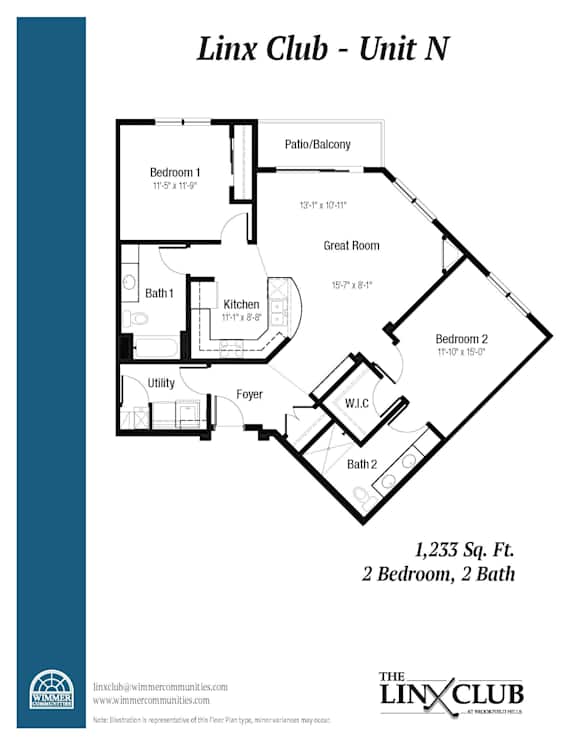 A floor plan for a unit at the Linx Club, showing a layout with two bedrooms and two bathrooms.