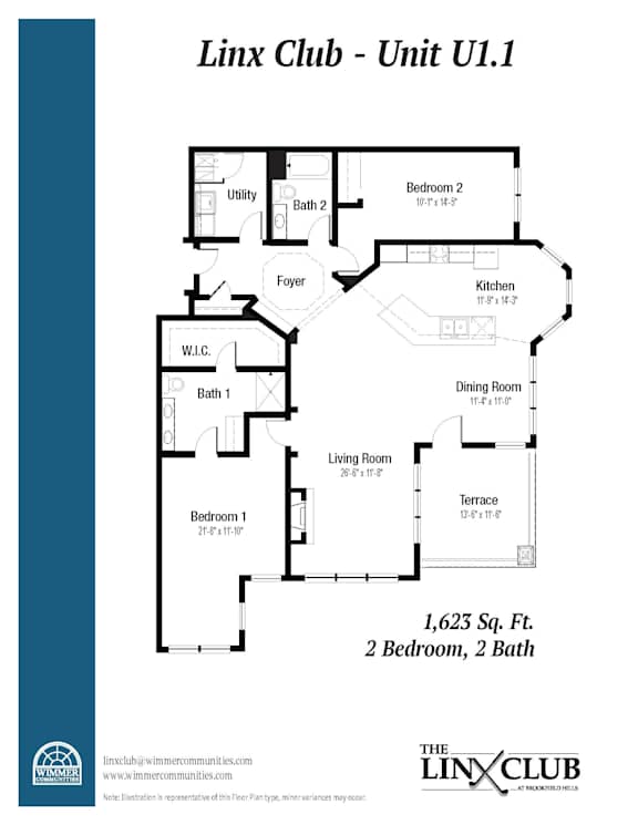 A floor plan for a unit at the Linx Club, showing a living room, two bedrooms, two bathrooms, a kitchen, and a foyer.
