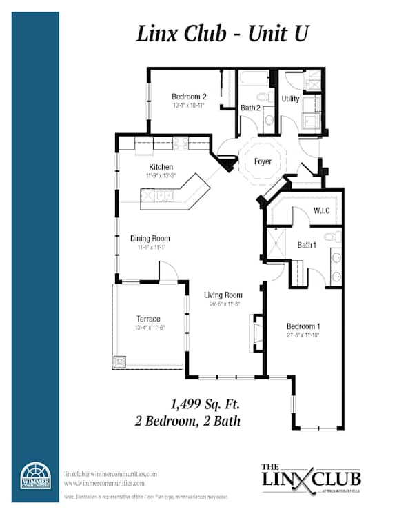 A floor plan for a unit at the Linx Club, showing a living room, dining room, kitchen, two bedrooms, two bathrooms, a foyer, and a utility area.