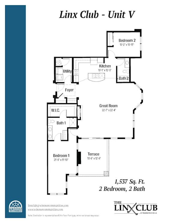 A floor plan for a unit at the Linx Club, showing a kitchen, two bathrooms, a foyer, and two bedrooms.