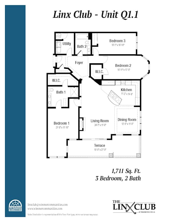 A floor plan for a 3 bedroom, 2 bathroom apartment at the Linx Club.