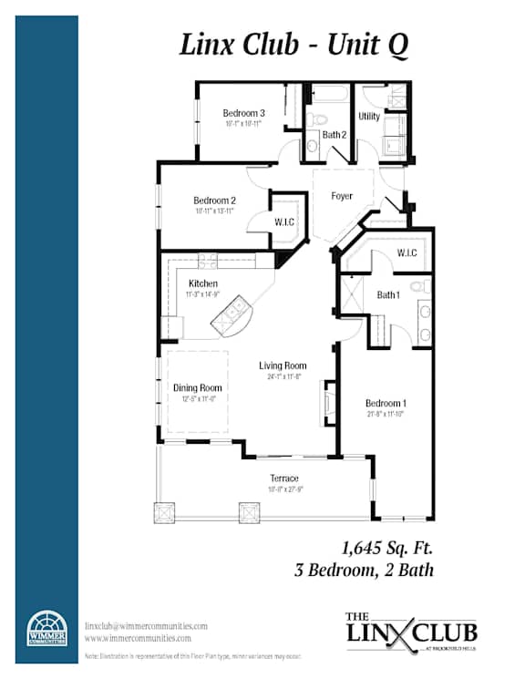 A floor plan for a unit at the Linx Club, showing a living room, two bedrooms, a dining room, kitchen, and bathrooms.