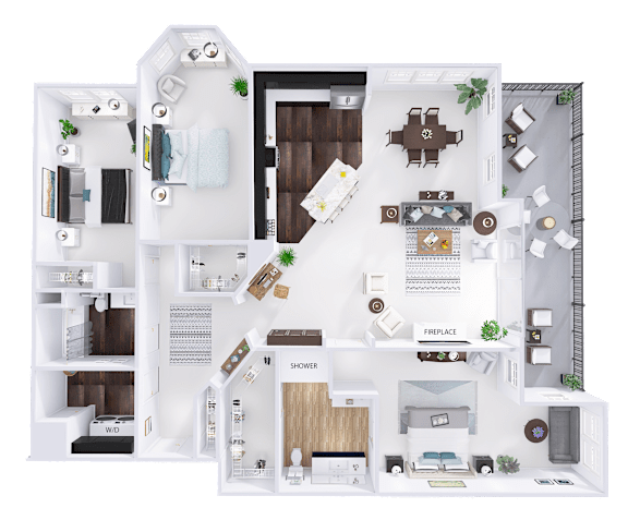 A detailed 3D floor plan of a house layout.