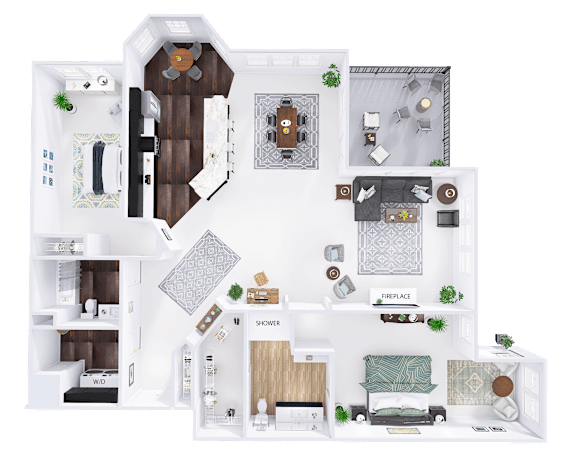 A floor plan of a house with a living room, dining room, kitchen, and bathrooms.
