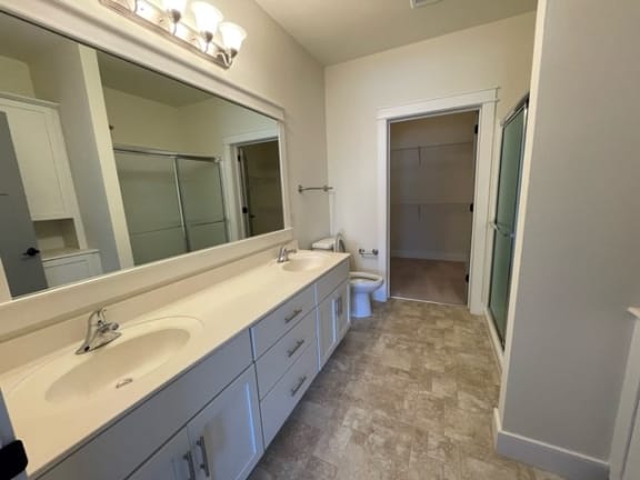 a bathroom with two sinks and a large mirror