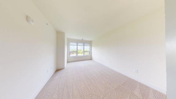 A room with a carpeted floor and a door leading outside.