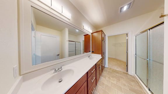 A bathroom with a sink, mirror, and shower.