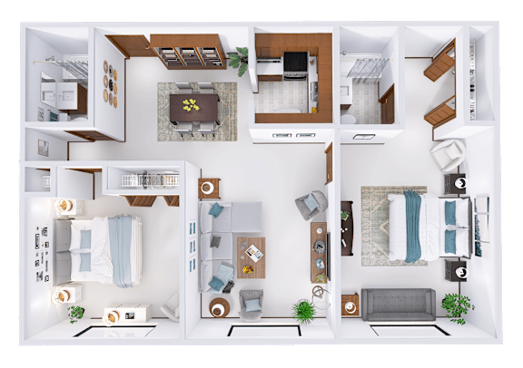 A top-down view of a house layout with various rooms and furniture.