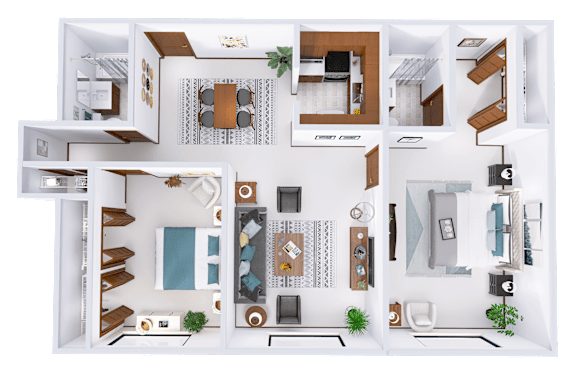 A top-down view of a house layout with a kitchen, living room, dining area, and bathrooms.