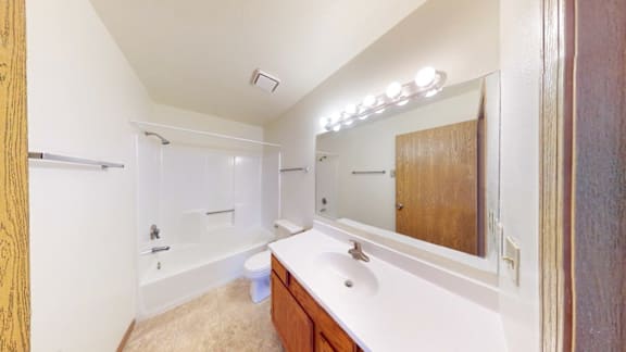 A bathroom with a white sink and a mirror.