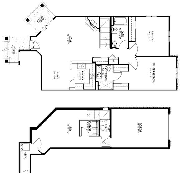 A floor plan of a house with a master bedroom, a garage, a dining room, a kitchen, a living room, and a bathroom.