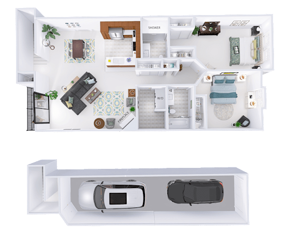 A floor plan of a house with a car garage.