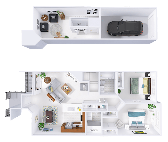 A top-down view of a two-bedroom apartment layout.
