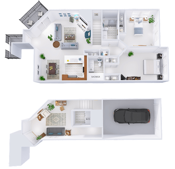 A floor plan of a two-story house with a garage.