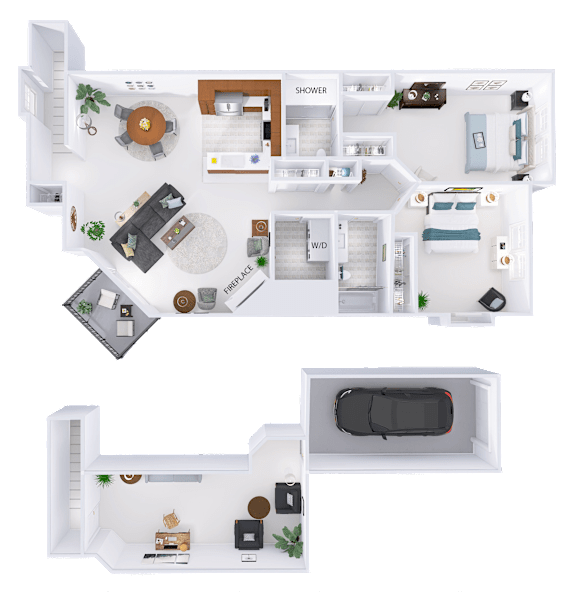 A floor plan of a house with a living room, kitchen, and two bedrooms.