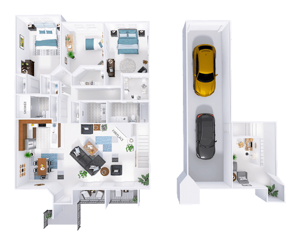 A floor plan of a house with a garage and a car.