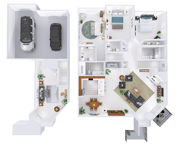 A floor plan of a house with two bedrooms, a living room, a kitchen, and a garage.